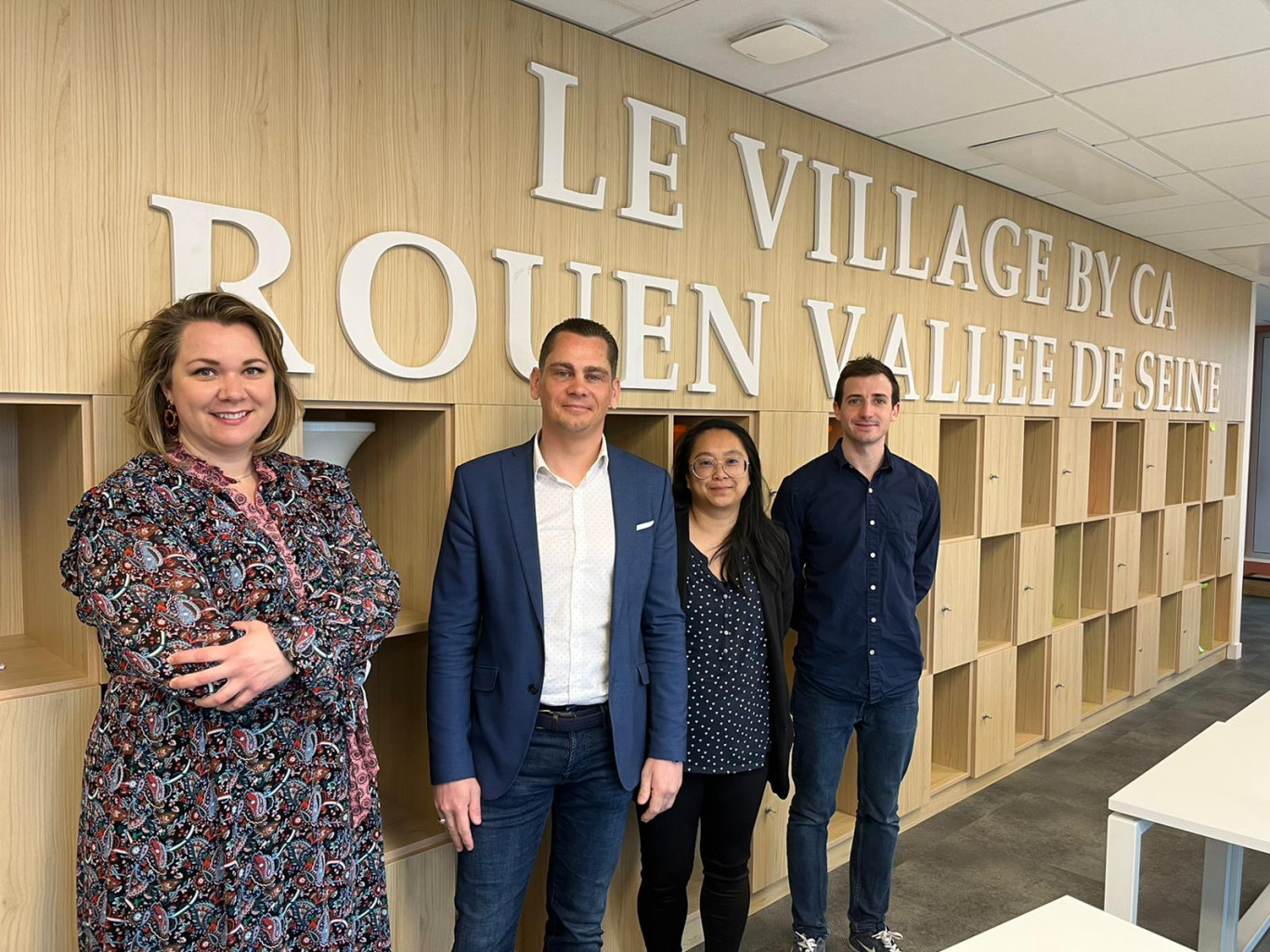 L'équipe du Village by CA. De gauche à droite : Céline Rat, start-up manager ; Dimitri Deneuve, maire du Village ; Malynary Taing, chargé de marketing et Axel Massé, chargé de communication