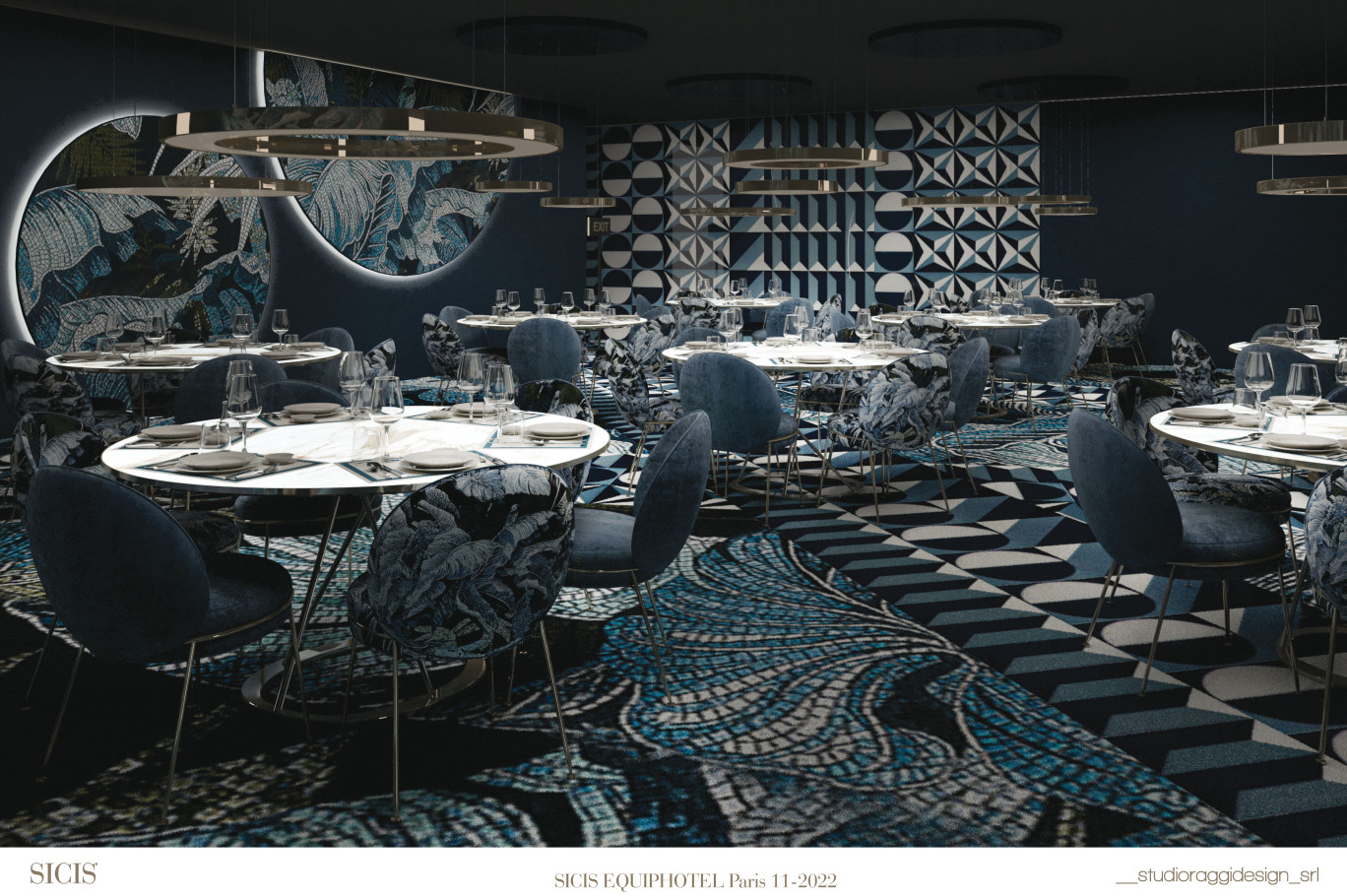 Cette « table gastronomique »  a été conçue par  Sicis, entreprise italienne spécialisée dans l’art de la mosaïque. Elle fait partie des espaces mis en scène au salon EquipHotel. (c)Sicis