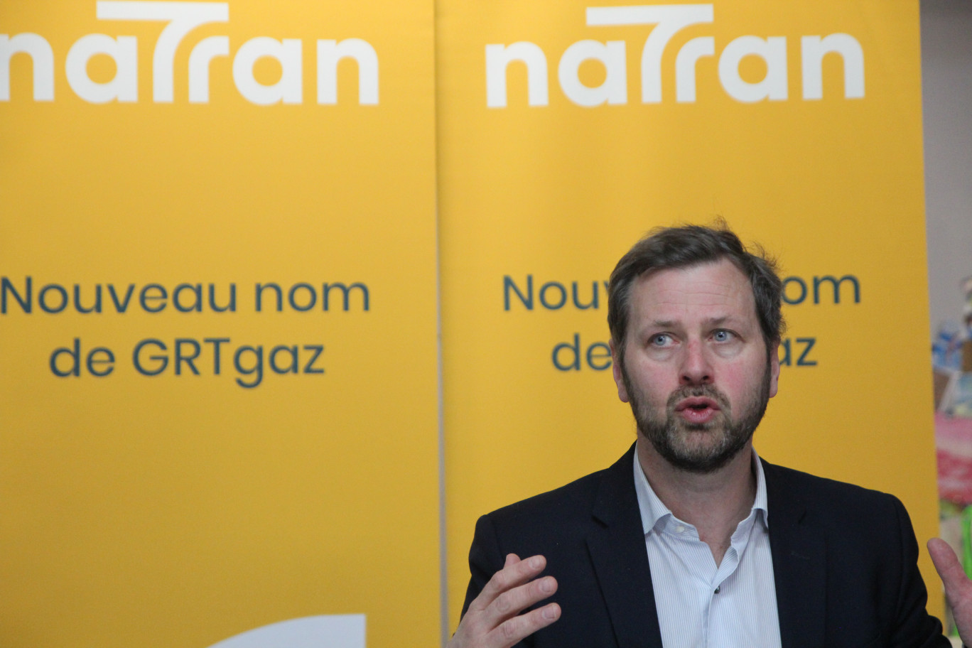 "Notre ambition, c'est de devenir un transporteur de gaz dans leur globalité" : Pierre Monin, délégué territorial pour le Val de Seine chez Natran, lors d'une conférence de presse, le 18 mars à Rouen. © Aletheia Press / B.Delabre